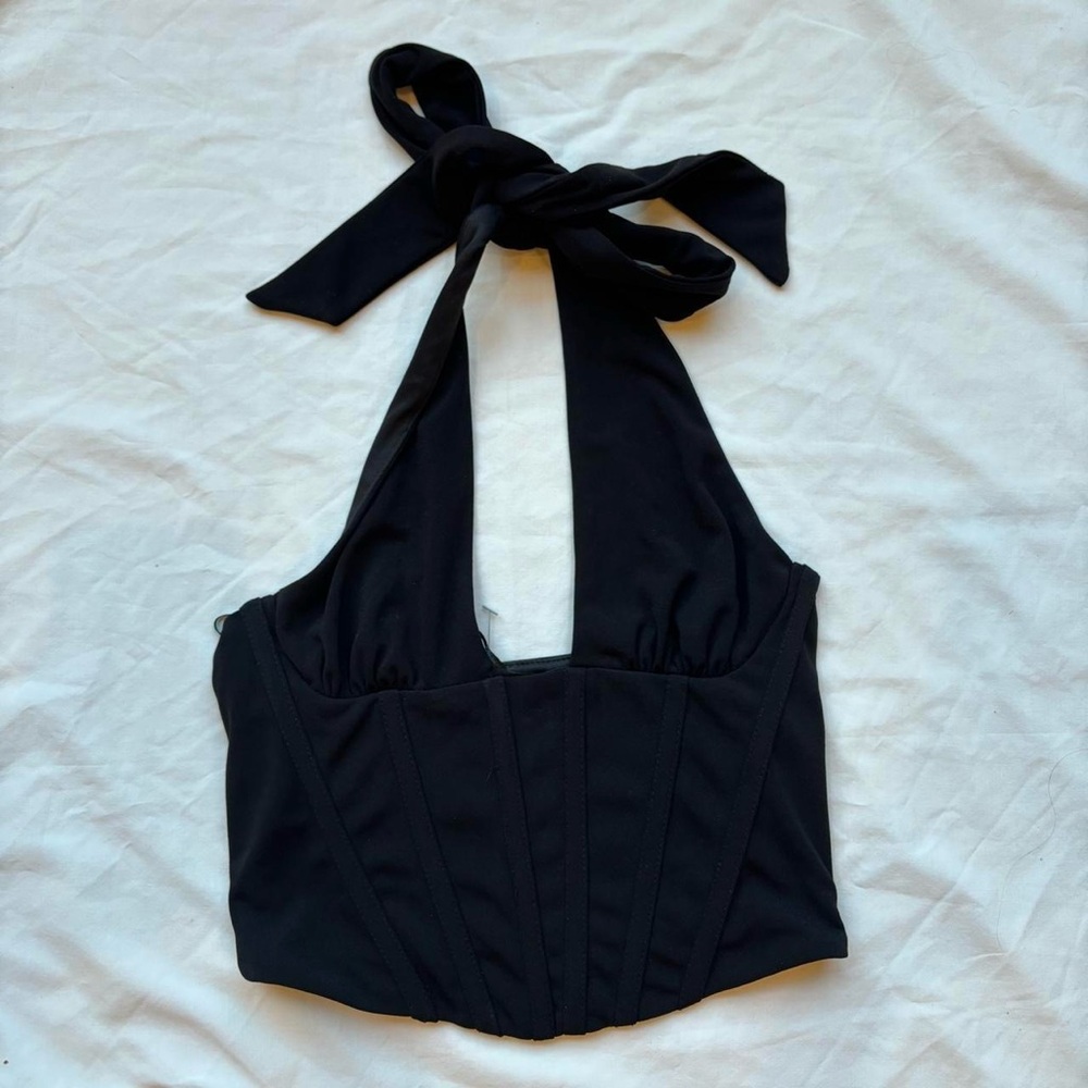Zara Black halter neck corset top crop top with tie detail